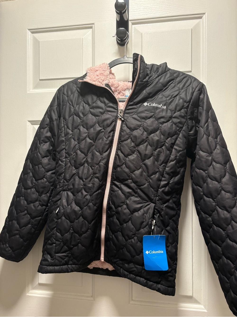 Columbia Kids Black Quilted Puffer Jacket with Pink Sherpa Lining